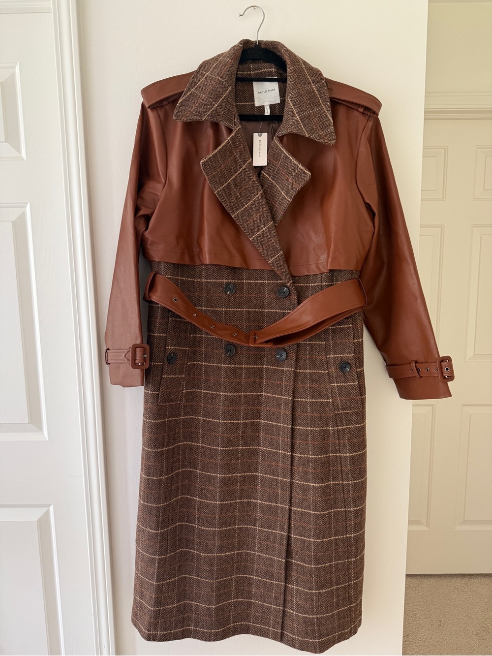 Avec Les Filles Brown Plaid and Chestnut Faux Leather Trench Coat